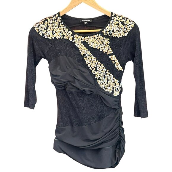 Vintage Y2K Bebe Black Gold Lace Sequin Asymmetrical Top Sz S Whimsigoth Festive - Picture 1 of 5